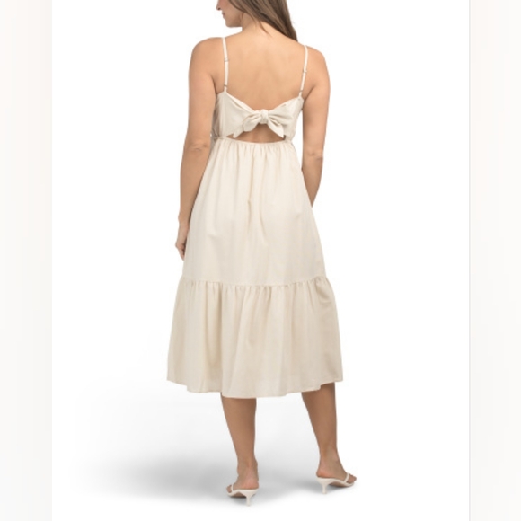 NWT - Linen Blend JAPNA Bodice Detailed Flounce Hem Oatmeal Midi Dress - Size XL - Picture 1 of 13